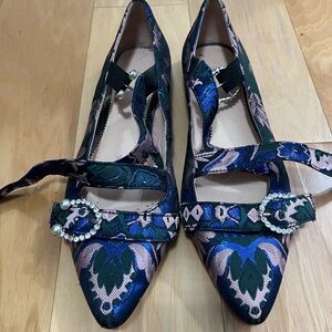 J. Crew Blue and Green Floral Flats with Pearl Buckle
